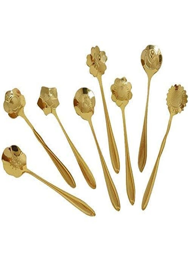 LitVibes Kitchen Dinner Dining Tableware,Cutlery Dessert Spoon,Coffee,Sugar,Mixing,Tea,Stirring,Cake And Ice Cream Spoon,Stir Bar Gold Flower Stainless Steel Spoon-Set Of 6(Random),13 Centimeters - Image 2